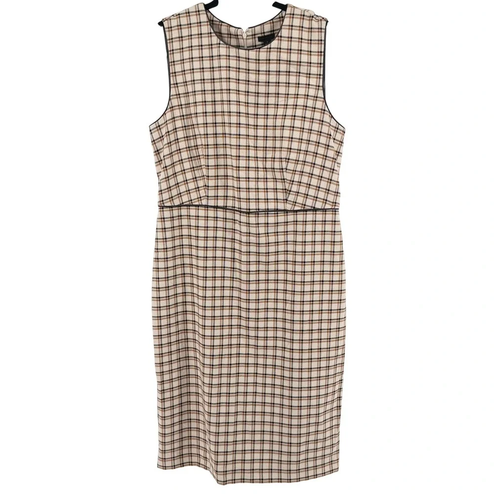 Ann Taylor Sheath Dress Plaid Faux Leather Trim 12 Cream Brown Womens Career